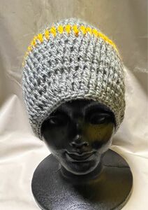 グレー3本線の手編み帽子【No.43】Ｌサイズ　お母さんの作った手編み帽子〜
