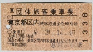 切符 軟券 JR東日本 団体旅客乗車票 東京都区内 平成4年 日 東京教旅 No.1338