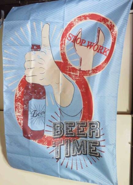 縦レトロ空G8『特大A』麦■新品　工具　親指　BEER TIME　STOP　WORK　BEER ビールフラッグ 旗　広告バナー■飲食店　居酒屋　ビアガーデン