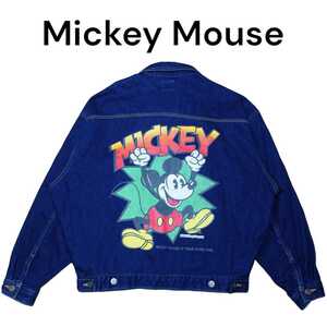 90s ミッキーマウス　ビッグプリント　デニムジャケット　古着　Gジャン　Disney　ディズニー