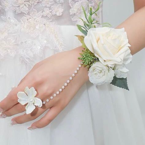 ウェディング オフホワイト 薔薇 お花 フェイクパール リング付き ブレスレット