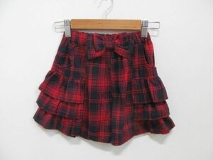 (51514)キッズ　女の子　ショート　パンツ　チェック　リボン　ティアード　レッド系　130㎝　USED