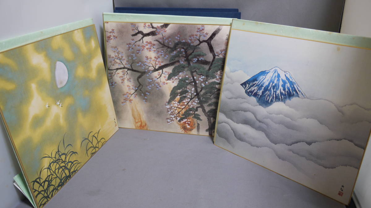 Yokoyama Taikan Shikishi Spring/Summer/Autumn/Winter 3 pieces (Night Cherry Blossoms, Sacred Peak Natsu Fuji, Mid-Autumn Moon) ⑥, painting, Japanese painting, landscape, Fugetsu