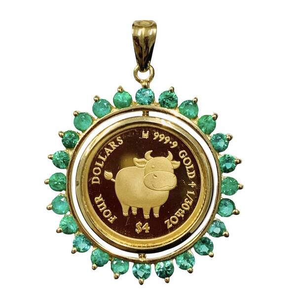 7997 【新品】干支丑金貨 ウシ 牛 丑年 クック諸島 2021年 24金 純金 3.1g 1/30オンス 回転式 両面ガラス付き コイントップ エメラルド