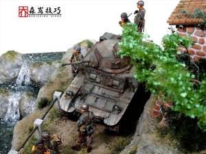 ◆1/35・スチュアート・タミヤ・軽戦車・渓流・滝・水面・建物・石垣・ジオラマ・完成品◆