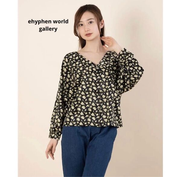 E hyphen world gallery イーハイフン サテン花柄ブラウス ブラウス トップス 花柄 サテン生地