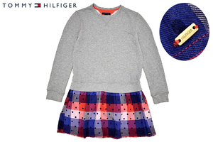 Y-5150★TOMMY HILFIGER トミーヒルフィガー★正規品 グレー 切替 長袖 スウェット トレーナー チュニック ミニ ワンピース 14歳 160cm