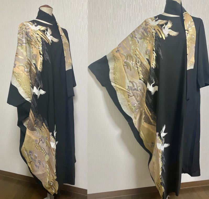 男性に人気! 新作 着物リメイクワンピース 薔薇 作家物 逸品 黒留袖