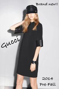 2014.Pre-Fall ■未使用■ Gucci/グッチワンピース/ドレス モックネック/７部袖 ラムレザー・羊革 国内正規未使用・ラムレザー ストレッチ