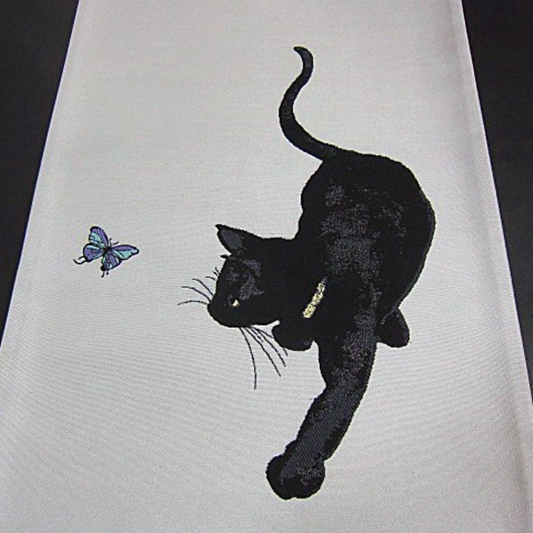 未仕立 西陣織高級袋帯 蝶々を追いかける黒猫・クロネコ(新品)の ...