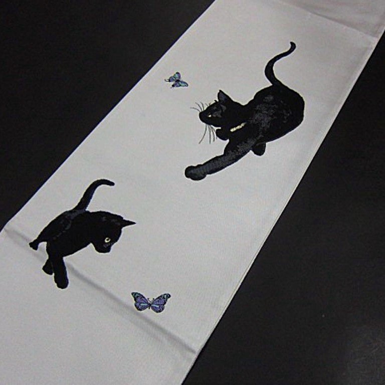 未仕立 西陣織高級袋帯 蝶々を追いかける黒猫・クロネコ(新品)の ...