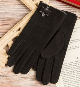 手袋　レディース スマホタッチ対応（TB1001）軽くて　暖かい　シンプル　リボン飾り黒