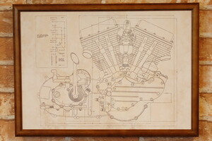 ハーレー パンヘッド エンジン 設計図面 Ｂ４ 額縁 セット ◆ HARLEY バイク 5.3
