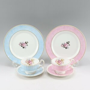 AYNSLEY エインズレイ エイシアンローズ カップ＆ソーサー＆プレート×2 食器 ブルー＆ピンク _【W220722546】中古