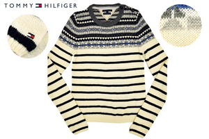 Y-5295★美品★TOMMY HILFIGER トミーヒルフィガー Premium Lambswool★正規品 ロゴ刺繍 ノルディック ボーダー ウール ニット セーター Ｓ