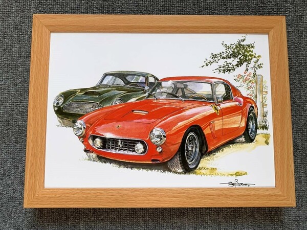 ■BOW。池田和弘『Ferrari 250GT SWB』B5サイズ 額入り 貴重イラスト 印刷物 ポスター風デザイン 額装品 アートフレーム 旧車