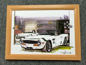 ■BOW。池田和弘『Triumph TR6』B5サイズ 額入り 貴重イラスト 印刷物 ポスター風デザイン 額装品 アートフレーム 旧車