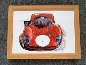 ■BOW。池田和弘『Ferrari 412P』B5サイズ 額入り 貴重イラスト 印刷物 ポスター風デザイン 額装品 アートフレーム 旧車