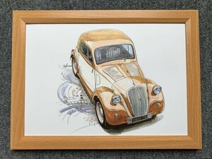 ■BOW。池田和弘『Fiat 500 Topolino』B5サイズ 額入り 貴重イラスト 印刷物 ポスター風デザイン 額装品 アートフレーム 旧車