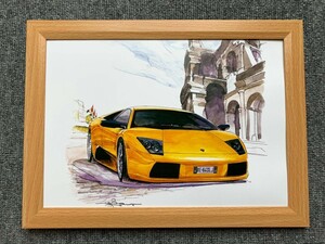 ■BOW。池田和弘『Lamborghini Murcielago』B5サイズ 額入り 貴重イラスト 印刷物 ポスター風デザイン 額装品 アートフレーム 旧車