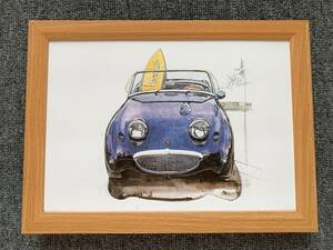 ■BOW。池田和弘『Austin-Healey Sprite Mk-Ⅰ』B5サイズ 額入り 貴重イラスト 印刷物 ポスター風デザイン 額装品 アートフレーム 旧車