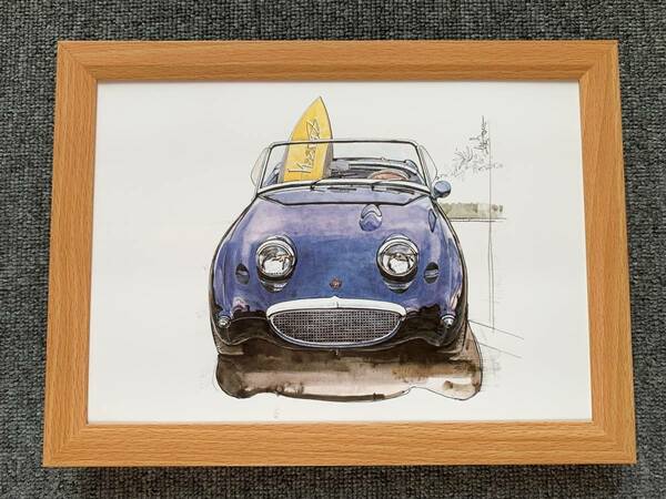 ■BOW。池田和弘『Austin-Healey Sprite Mk-Ⅰ』B5サイズ 額入り 貴重イラスト 印刷物 ポスター風デザイン 額装品 アートフレーム 旧車