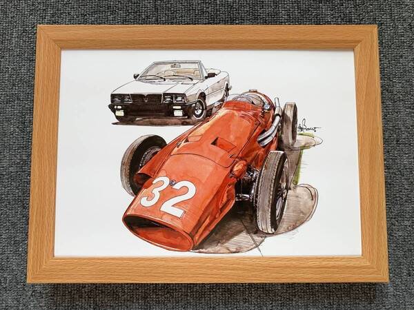 ■BOW。池田和弘『Maserati 250F』B5サイズ 額入り 貴重イラスト 印刷物 ポスター風デザイン 額装品 アートフレーム 旧車