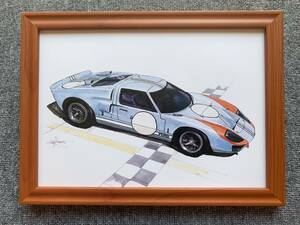 ■BOW。池田和弘『Ford GT40 MkⅡ』B5サイズ 額入り 貴重イラスト 印刷物 ポスター風デザイン 額装品 アートフレーム 旧車