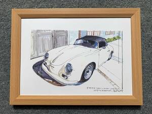 ■BOW。池田和弘『Porsche 356A Speedster』B5サイズ 額入り 貴重イラスト 印刷物 ポスター風デザイン 額装品 アートフレーム 旧車