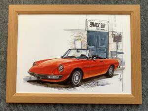 ■BOW。池田和弘『Alfa-Romeo 2000 Spyder』B5サイズ 額入り 貴重イラスト 印刷物 ポスター風デザイン 額装品 アートフレーム 旧車