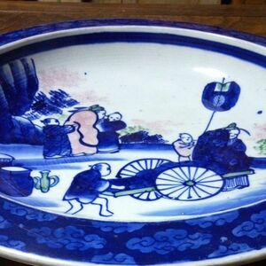 明治藍ベロ手書き人物風景図鉢 古伊万里 藍 染付 飾り皿