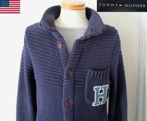 ★ メンズ トミーヒルフィガー TOMMY HILFIGER ショルダー 異編み ロゴワッペン 長袖 カーディガン US S 日本 Ｍサイズ ネイビー_画像1