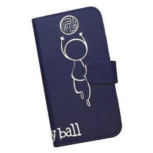 iPhone14　スマホケース 手帳型 バレーボール 排球 スポーツ モノトーン 棒人間 ネイビー