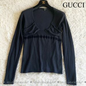 グッチ GUCCI カシミヤニット ニットソー カットソー 長袖 ウエストリボン Vネック 黒