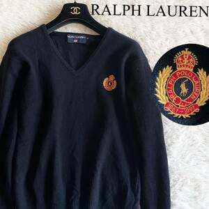 ラルフローレン ウール ニット セーター ブランドロゴワッペン ホースロゴ RALPHLAUREN Vネック 黒 ブラック