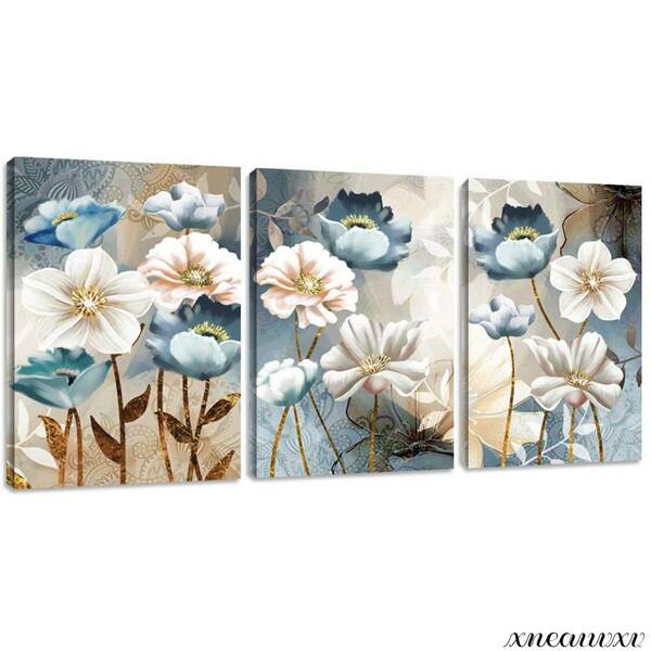 色彩豊かな 3枚アートパネル 白い花 青い花 インテリア 壁掛け 部屋飾り 装飾画 キャンバス 絵画 おしゃれ アート 芸術 美術