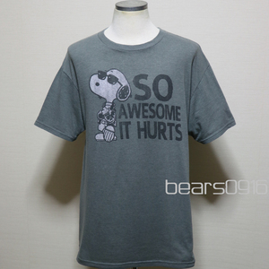 アメリカ購入 USED訳あり品 Peanuts Snoopy スヌーピー SO AWESOME IT HURTS プリントTシャツ カーキッシュグレー L