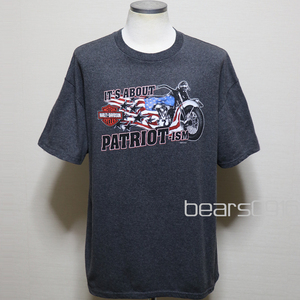 アメリカ購入 USED品 Harley-Davidson ハーレーダビッドソン 星条旗バイク & PATRIOT FAIRFAX VA 両面グラフィックプリント Tシャツ 杢灰XL
