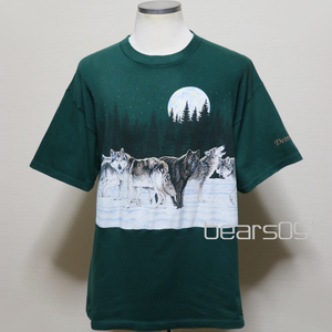 アメリカ購入 USED品 Detroit Zoo Signal ウルフ グラフィック 3面プリント MADE IN USA Tシャツ 深緑 L