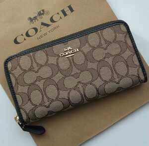 【新品】COACH コーチ 長財布 シグネチャー 　カーキ　ラウンドジップ