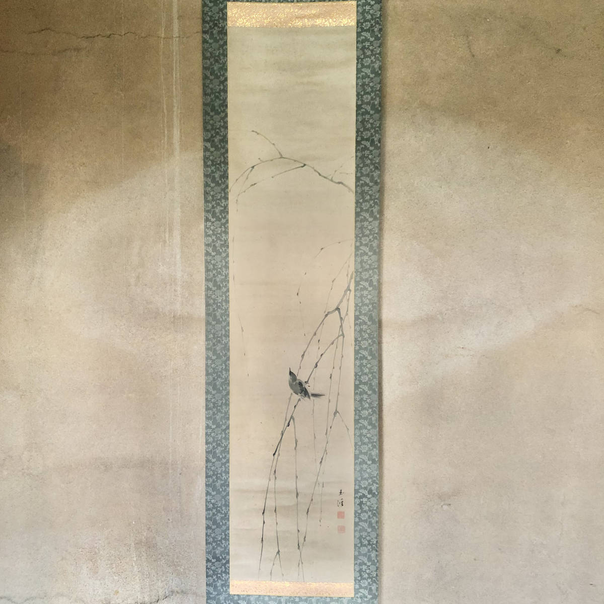 Libro de seda con pergamino colgante con caja pájaro antiguo usado 22.12.02-1, cuadro, pintura japonesa, flores y pájaros, pájaros y bestias
