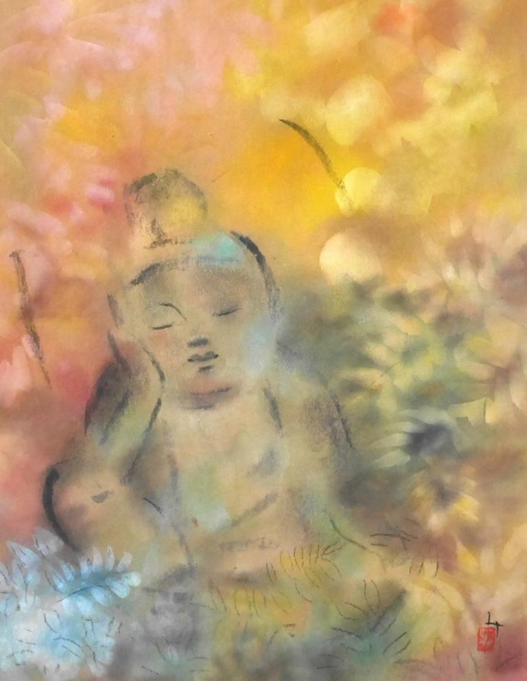 豪華な 宮木薫 慈顔 色紙 日本画 水彩画 地蔵 国画会会員 一枚の繪
