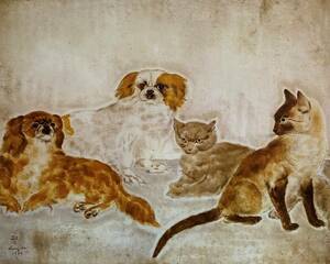 Art hand Auction 藤田嗣治, ｢Deux Chiens et deux chats｣, 希少画集の額装画, 人気作品, オーダーマット付･日本製新品額入り, 送料無料, 絵画, 油彩, 動物画