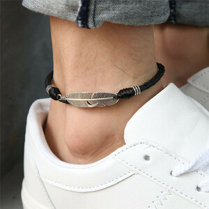  men's anklet feather black × silver simple adjustment possibility rope pair neck accessory 