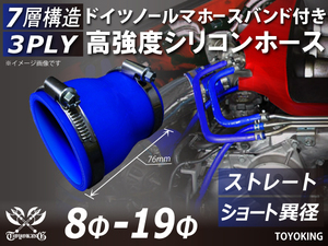 レーシングカー カスタム ホースバンド付 高強度シリコンホース ショート 異径 内径8⇒19Φ 全長76mm 青色 接続 汎用品