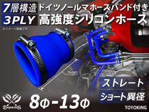 レーシングカー カスタム ホースバンド付 高強度シリコンホース ショート 異径 内径8⇒13Φ 全長76mm 青色 接続 汎用品