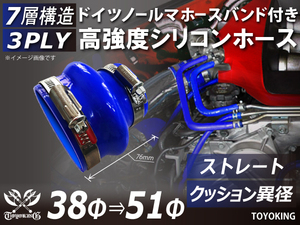 高強度 バンド付シリコンホース クッション 異径 内径51/38Φ 全長76mm 青色 インタークーラー ラジエーター インテーク ホース接続 汎用品