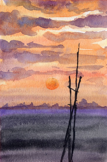 No. 8201 Sunset on the Great Plains/Hungary /Chihiro Tanaka (four seasons watercolor) painting/Gift included/22z11, painting, watercolor, Nature, Landscape painting