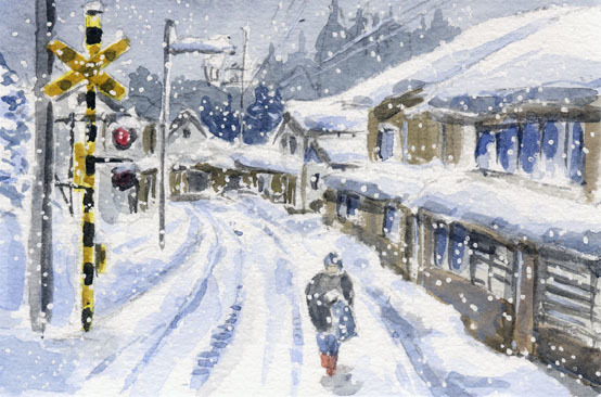 No. 8218 Cruce de ferrocarril en Snow Country/Línea principal Shinetsu / Chihiro Tanaka (Acuarela Four Seasons) / Viene con un regalo / 22z11, Cuadro, acuarela, Naturaleza, Pintura de paisaje