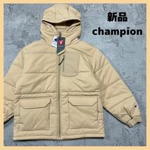 新品定価39600円 champion チャンピオン フーデッドダウンジャケット スタンドネック スクリプトロゴプリント BLACK EDITION 玉FL2067a_画像1